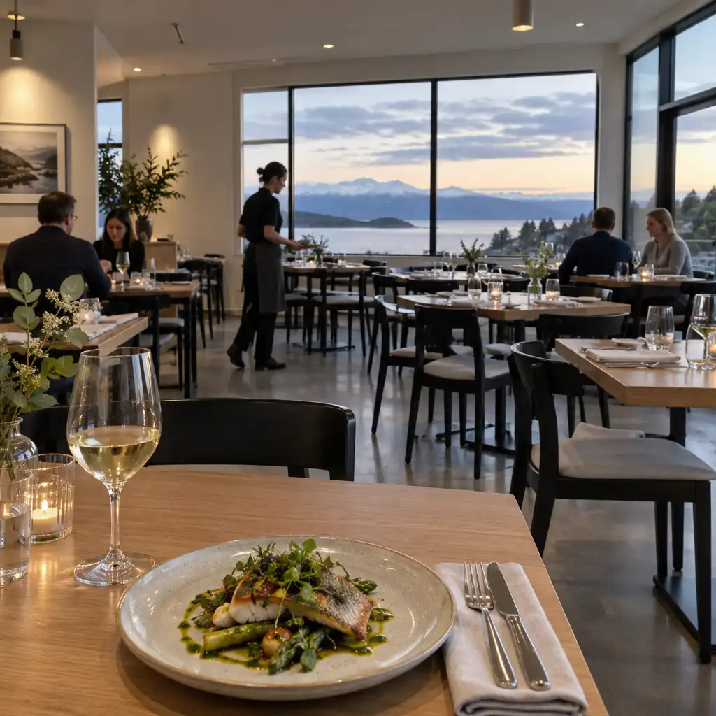 Dining room in service with set tables, a plated dish and a server moving between tables