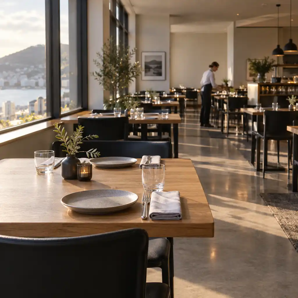 A neatly set table in the Bites and Bowl dining room