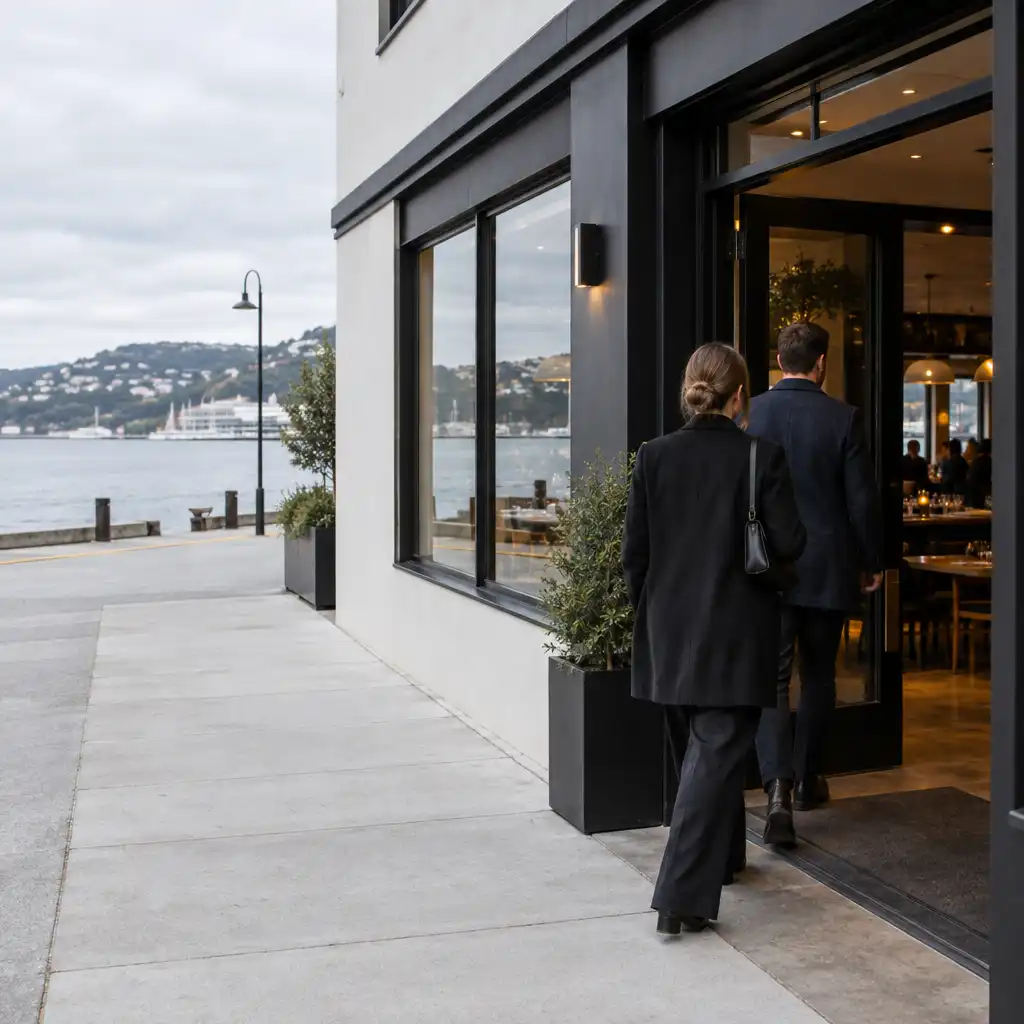 Restaurant frontage on Harbour Lane with diners approaching the entry