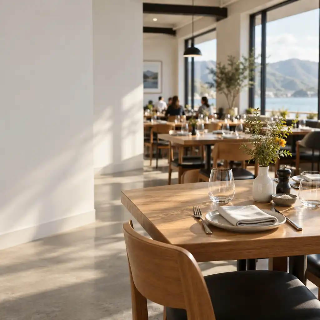 A neatly set restaurant table in natural light