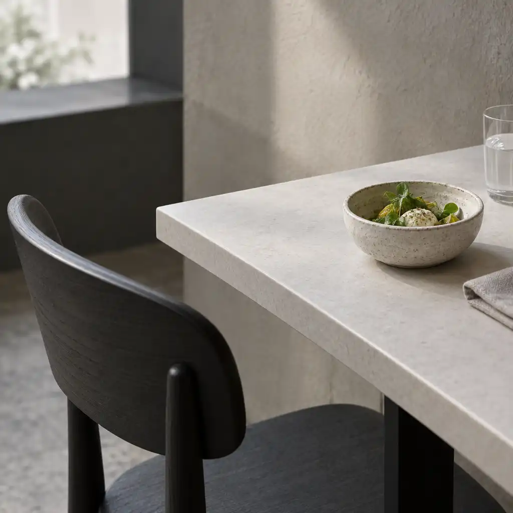 A close interior detail showing a tabletop, chair, wall surface and a small ceramic vessel.