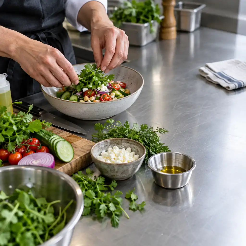 Hands arranging fresh ingredients on a kitchen preparation surface