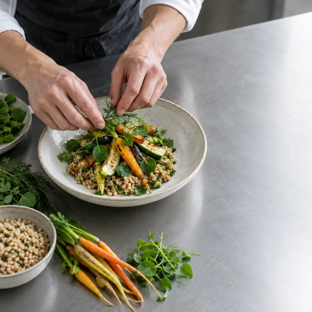 Hands arranging fresh vegetables and herbs during kitchen preparation