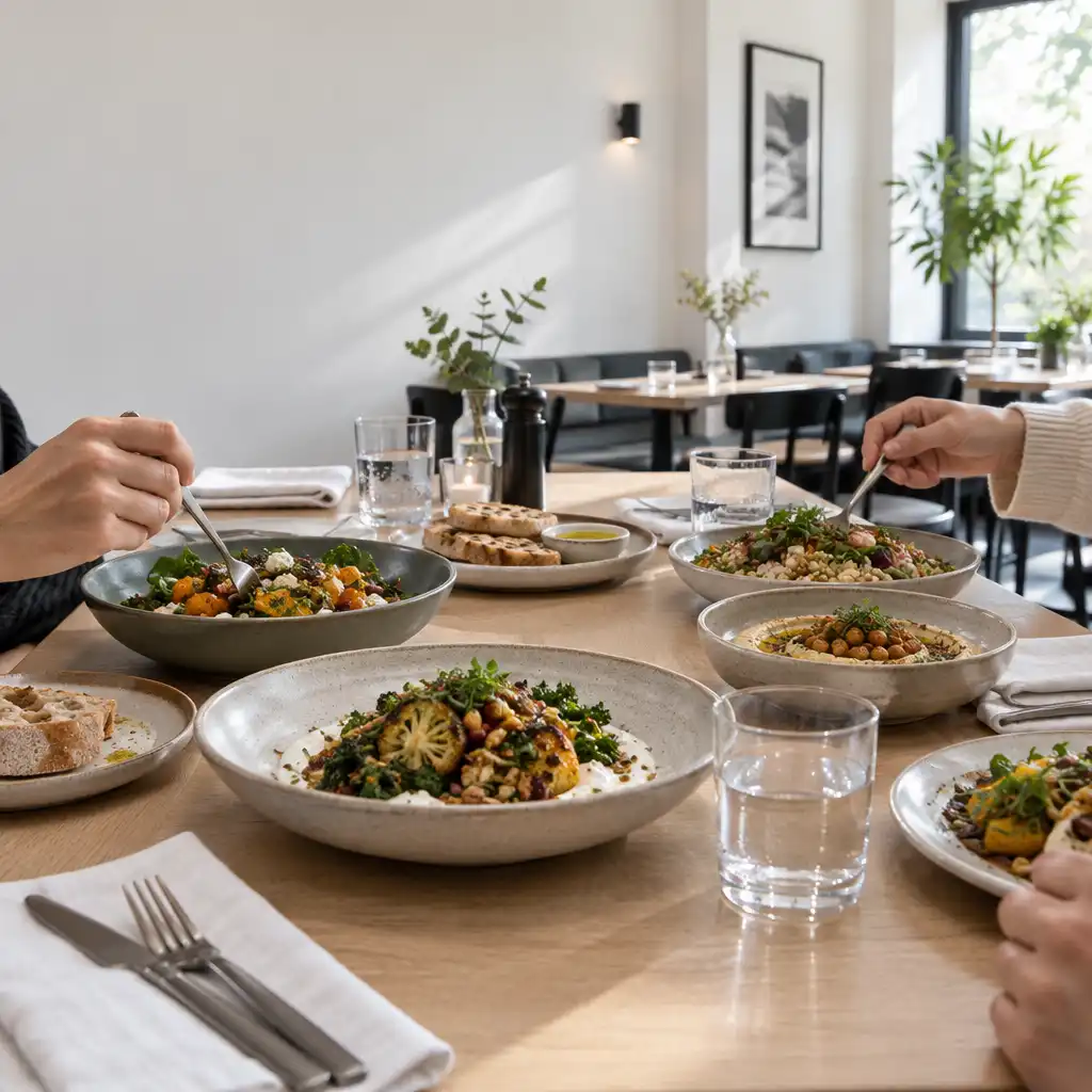 Plated dishes, glasses and diners' hands gathered around a restaurant table