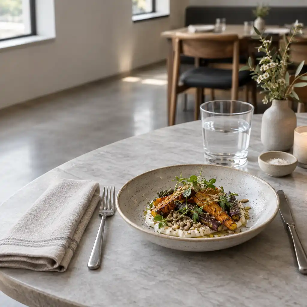 A close view of a prepared restaurant table with a ceramic plate, water glass, cutlery and folded napkin.