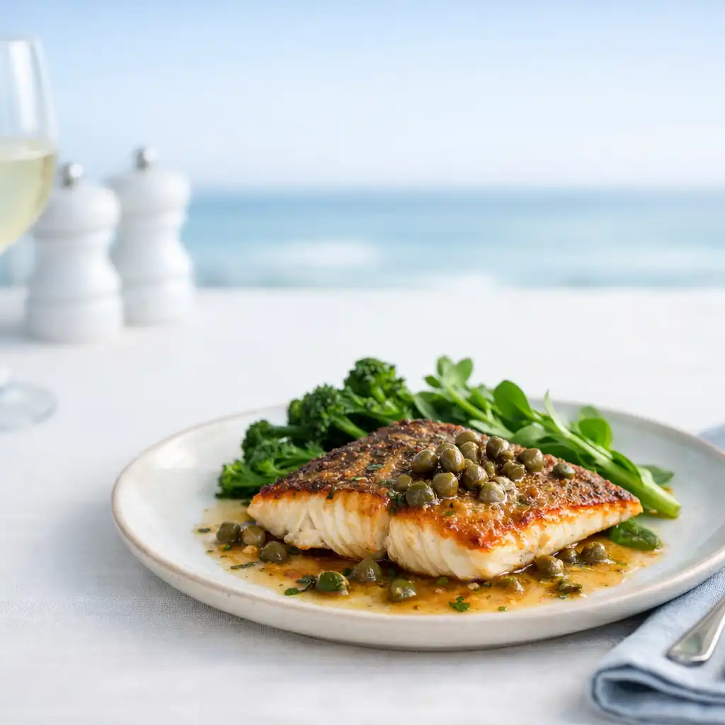 A pan-seared snapper fillet with brown butter and capers on a ceramic plate