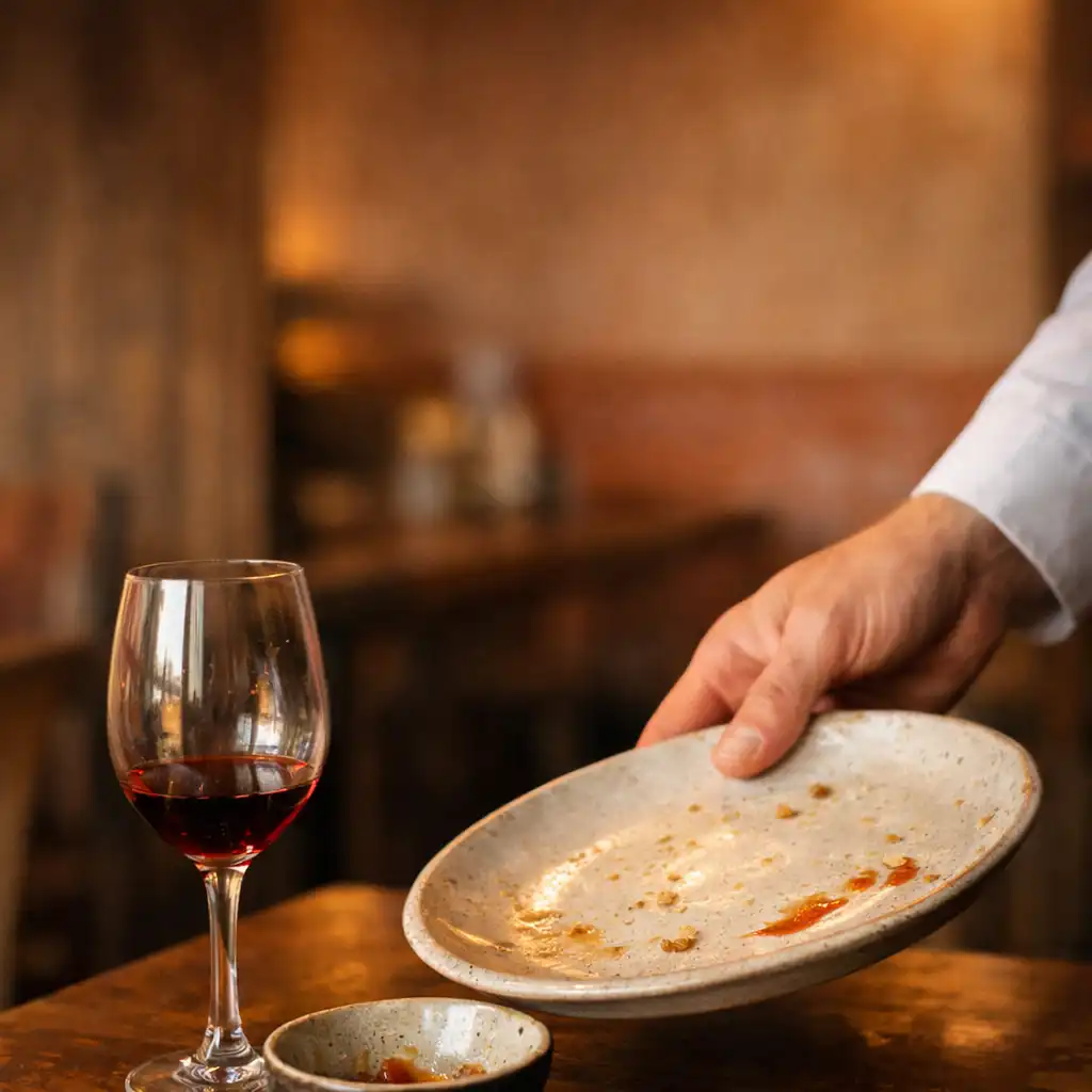 A table at Bites & Bowl being cleared after dinner, with a glass of red wine and a small bowl remaining