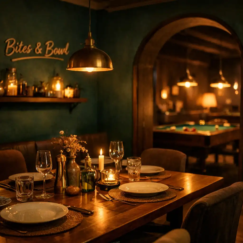 Warmly lit Bites & Bowl dining room in the evening, with a softly blurred archway leading toward the gaming area