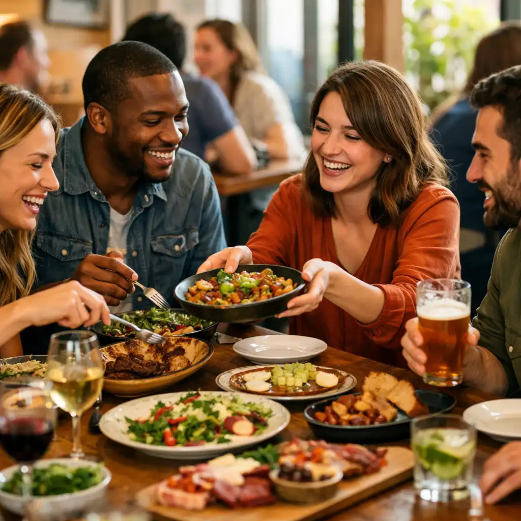 Group of friends dining together at a communal table with shared plates and drinks