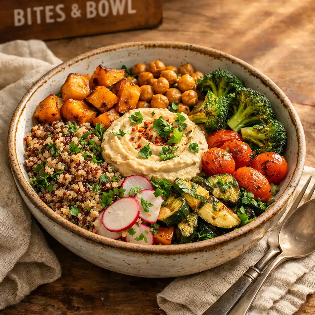 A bowl dish with colourful grains, roasted vegetables, and herbs in a handmade ceramic bowl