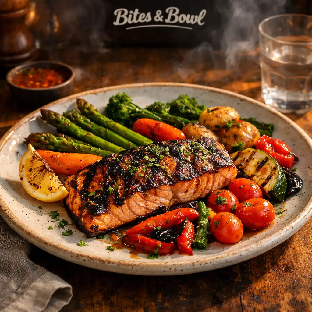 A grilled dish with charred meat or fish and seasonal vegetables on a ceramic plate