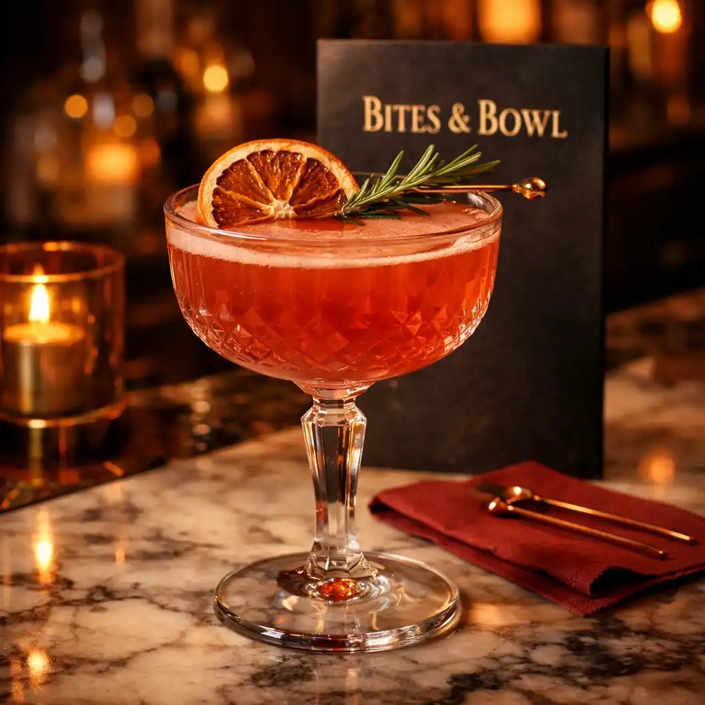 A craft cocktail in a stylish glass with a garnish on a marble bar counter