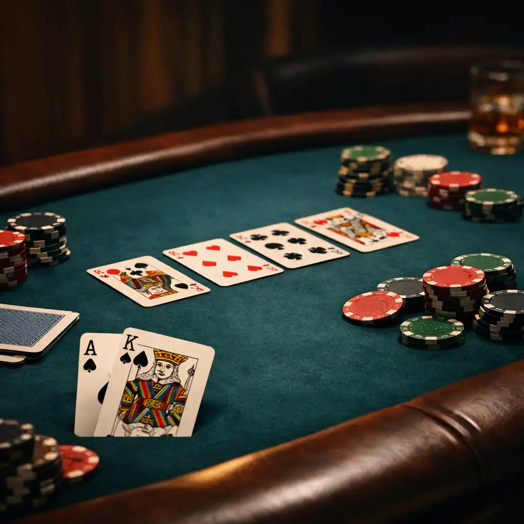 Physical poker table with cards and chips in a dimly lit room with warm ambient light