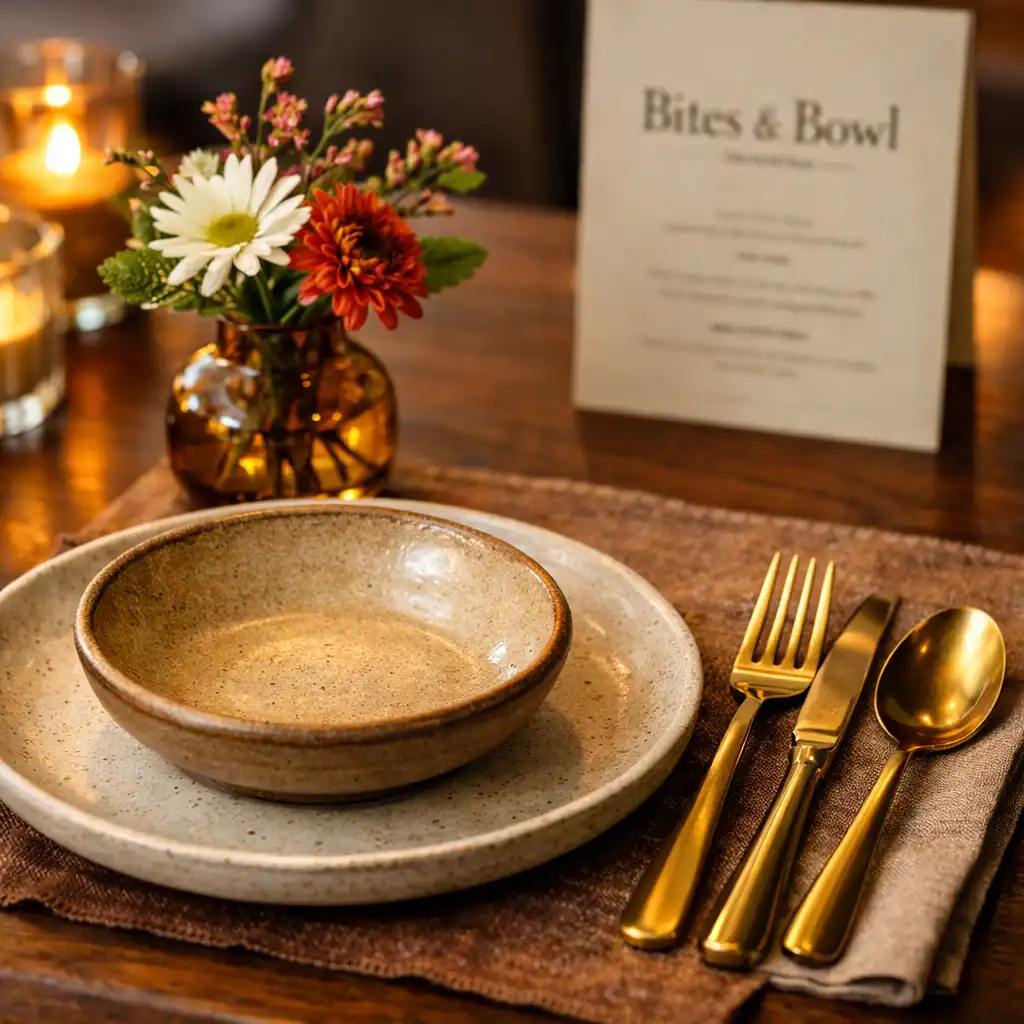 A close-up table setting with ceramic plates, brass cutlery, and a small vase of flowers