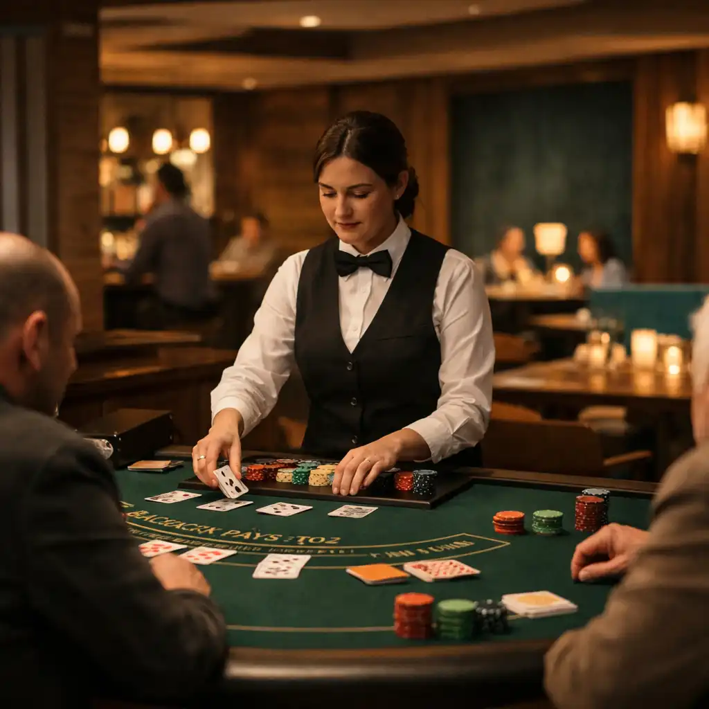 A sophisticated physical gaming floor with a blackjack table, warmly lit and understated