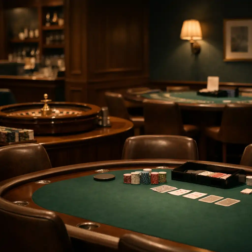 Understated physical gaming floor with poker table, roulette wheel and blackjack table in warm low lighting