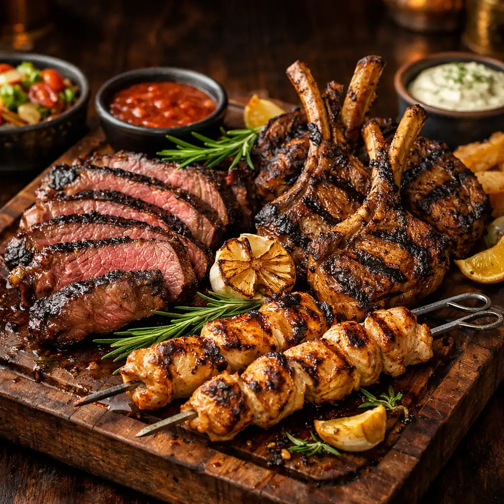 A grilled meat platter with sliced ribeye steak, lamb cutlets, and chicken skewers
