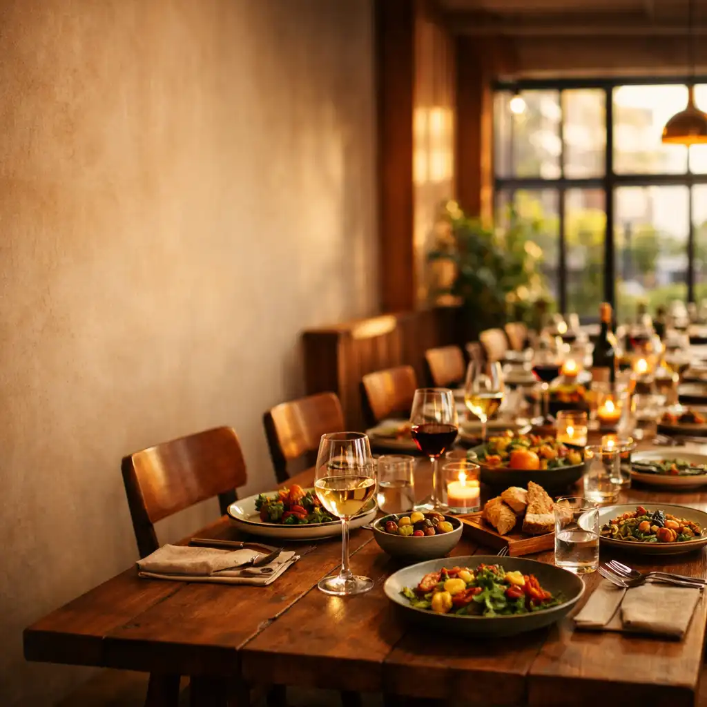 A long table set with shared plates and wine at Bites & Bowl