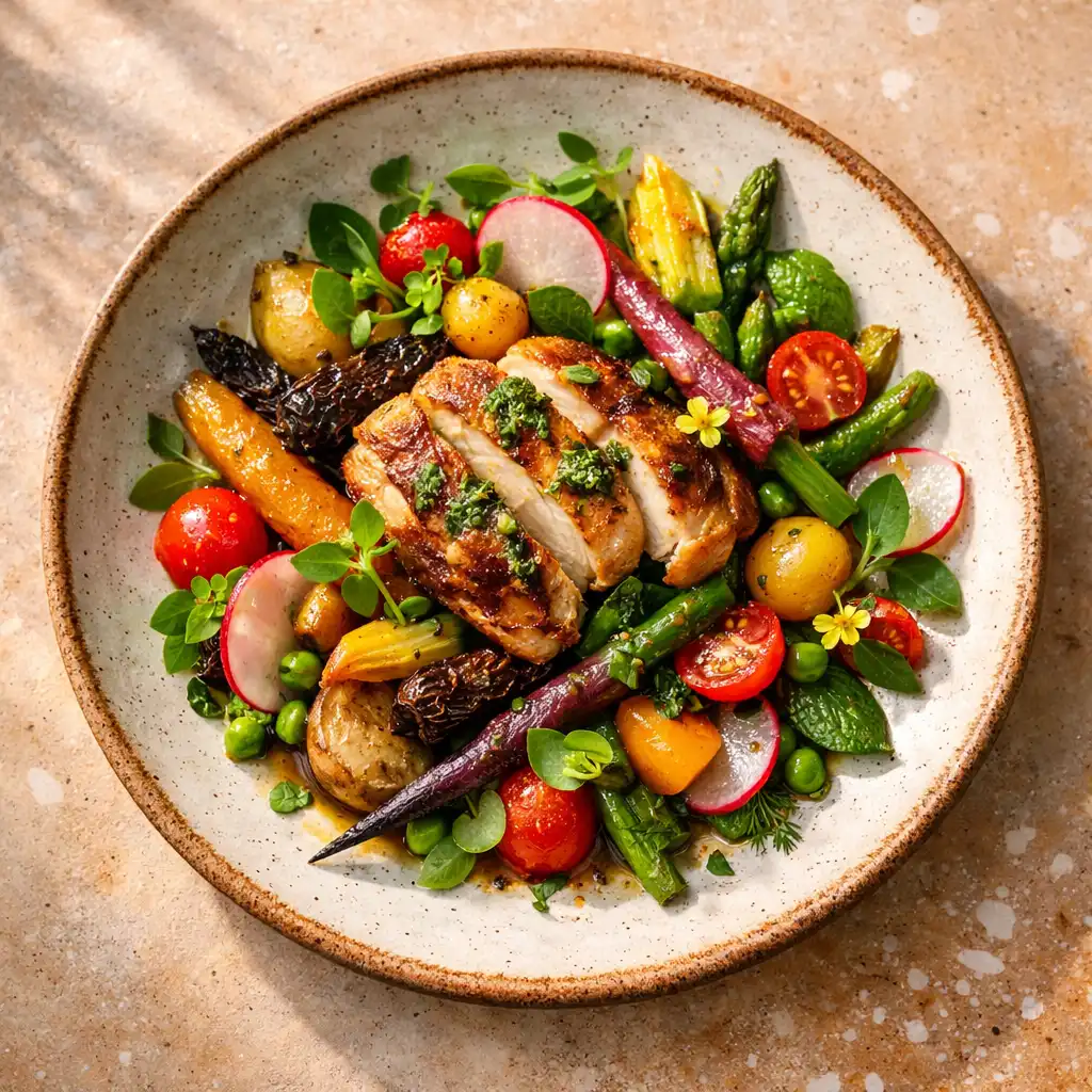 Overhead photograph of a beautifully plated seasonal dish with vibrant vegetables and herbs on a ceramic plate