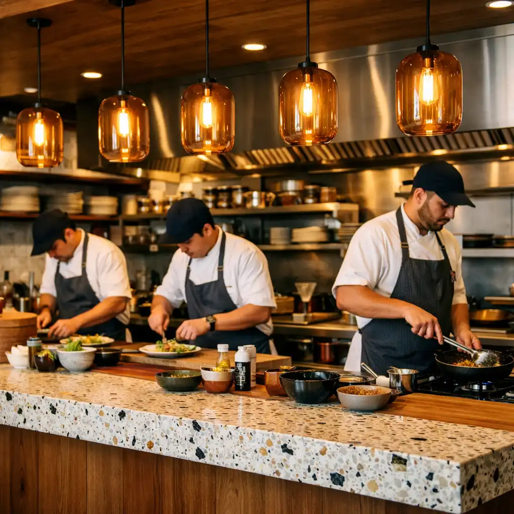 Chefs working at a timber counter in the open kitchen of Bites & Bowl