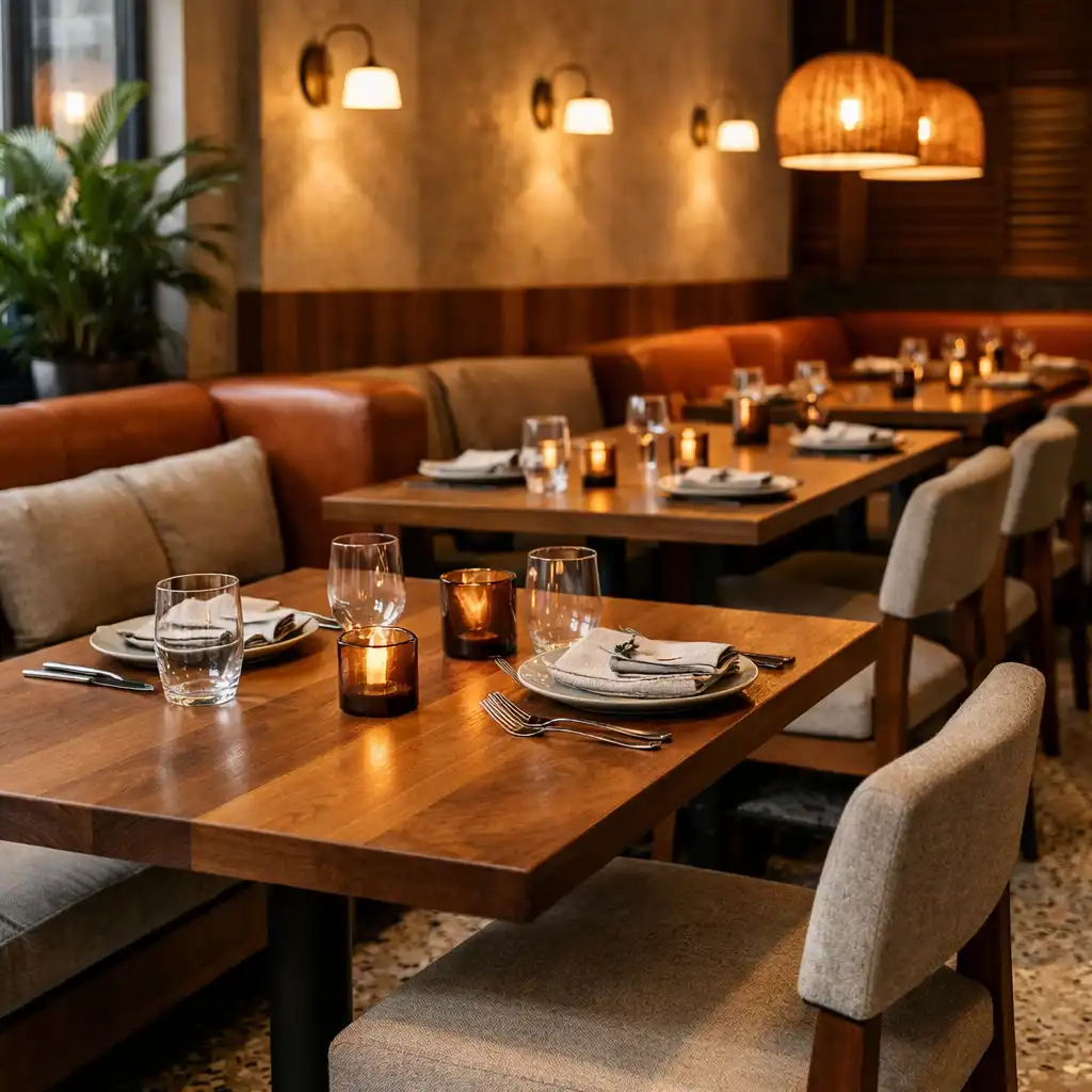 Contemporary restaurant dining room with timber tables, terrazzo floor and comfortable booths