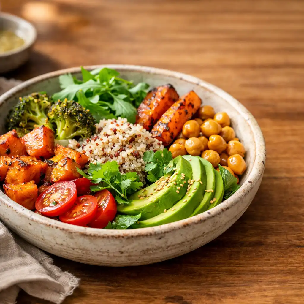 A beautifully plated seasonal bowl with roasted vegetables, grains, and fresh herbs on a ceramic dish