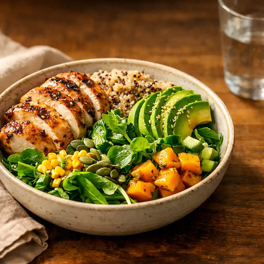 A hearty seasonal bowl with grilled chicken, quinoa, avocado, and greens