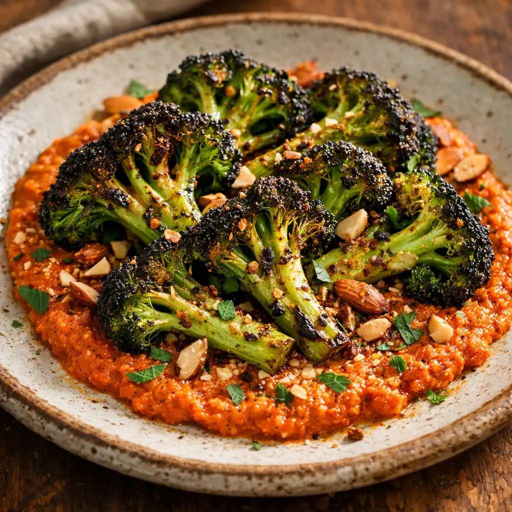 Charred broccoli with almond romesco sauce on a ceramic dish