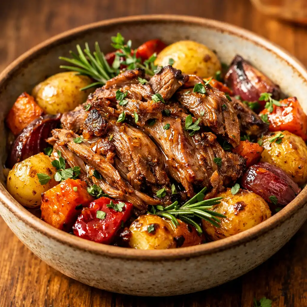 Slow-cooked lamb shoulder bowl with roasted vegetables and herbs