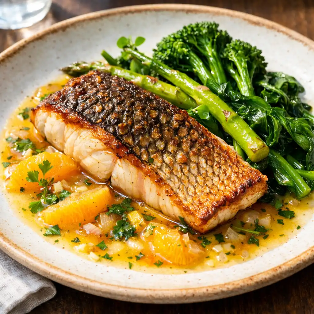Pan-seared snapper with crispy skin, seasonal greens and citrus butter sauce