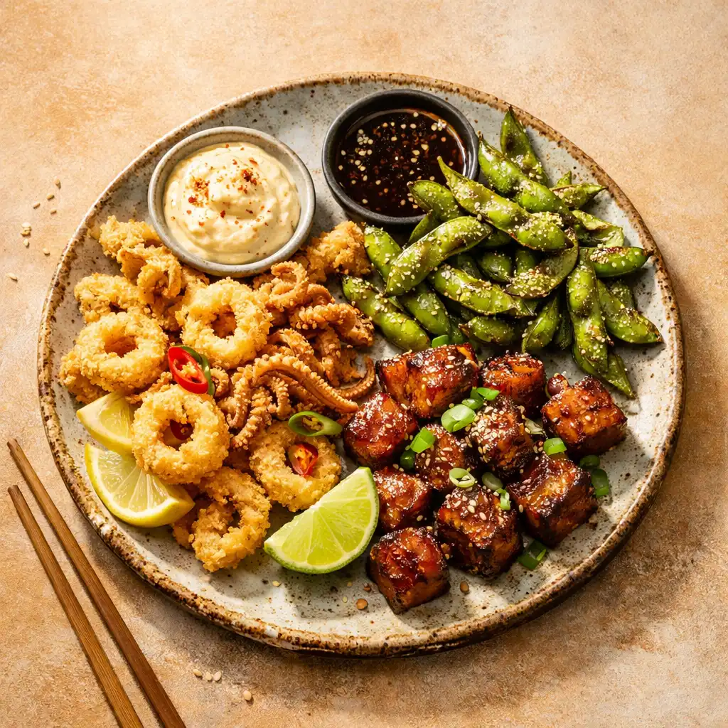 A shared platter of crispy squid, charred edamame, and pork belly bites on a rustic ceramic plate
